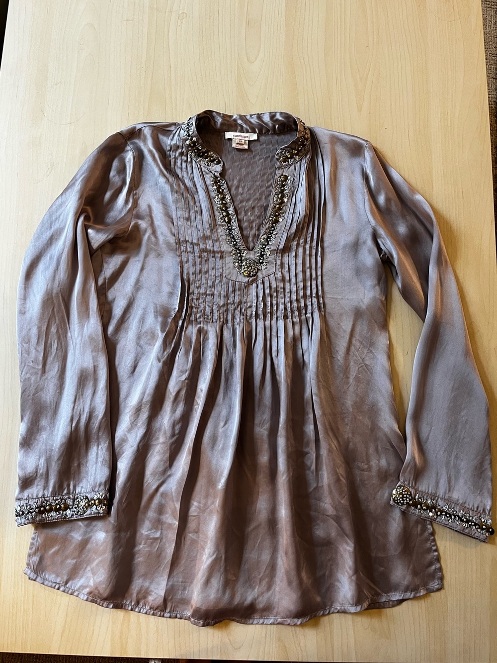 Vintage Sundance 100% Silk Embellished Pleated Tunic in Gunmetal Mauve